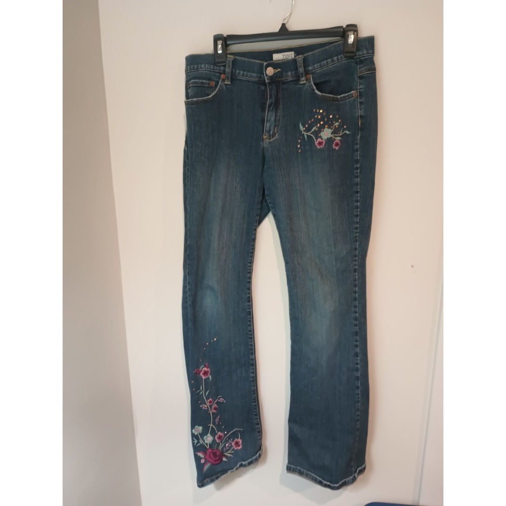 Vintage TINT Floral Embroidered Jeans 8 Sequin Thrashed Distressed Boho Flare